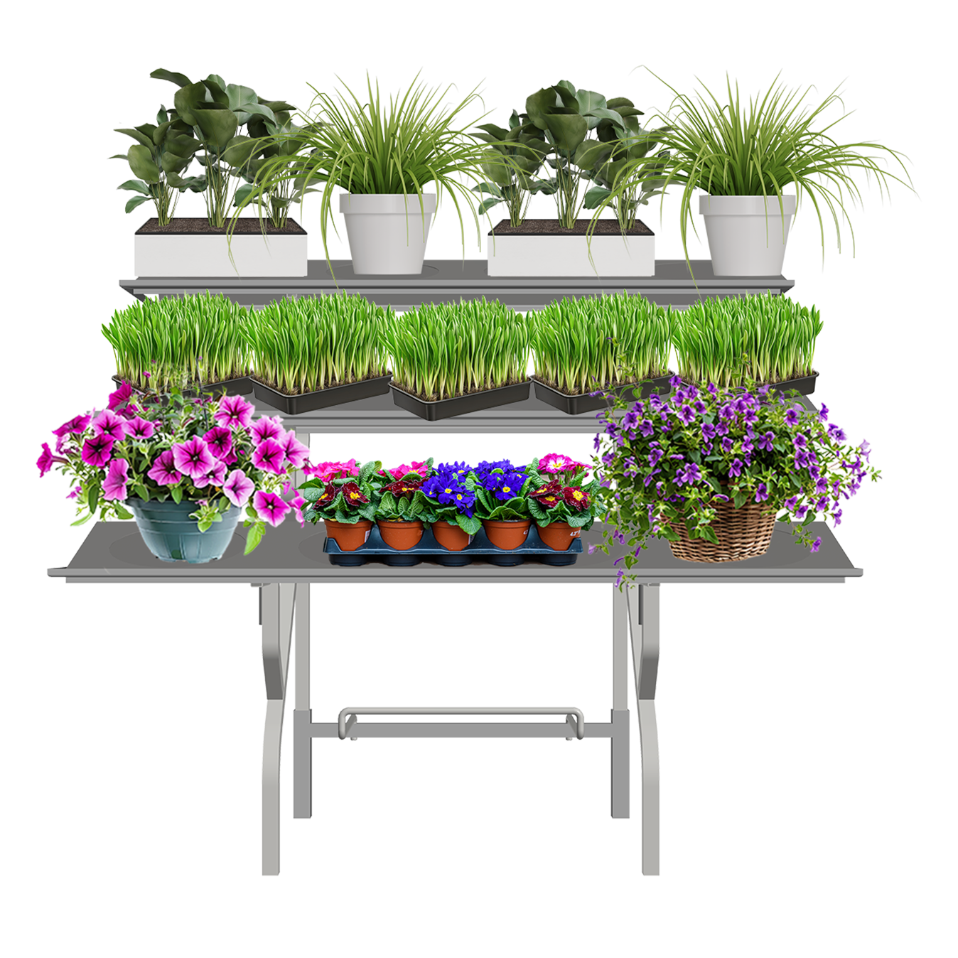 3-tier display showcasing plants, flowers, shrubs, and seasonal garden centre products